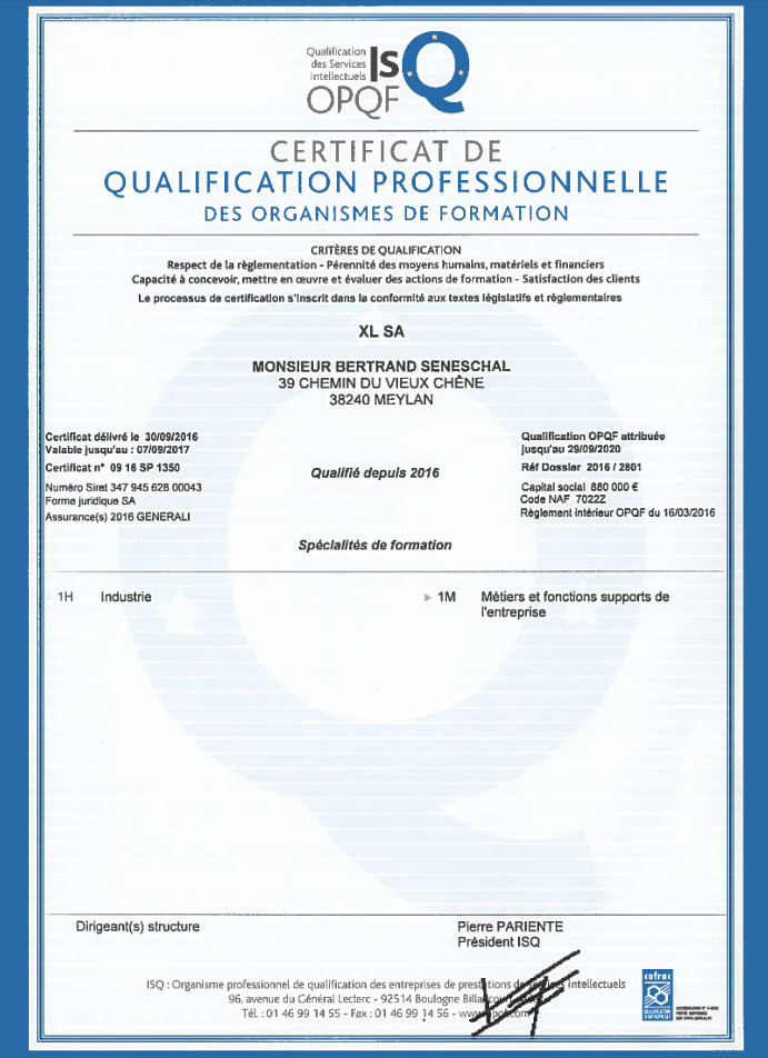 Certificat OPQF XL Groupe